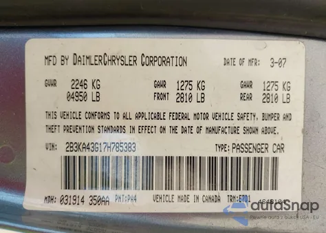 2007 Dodge Charger z USA, uszkodzony, nr VIN 2B3KA43G17H785383
